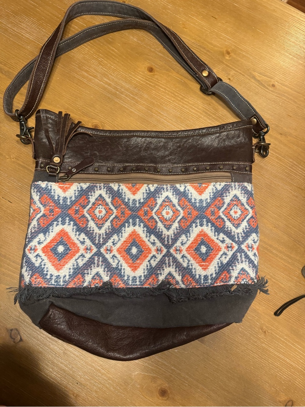 Myra Bag Brown Leather Crossbody with Orange & Blue Geometric Weave